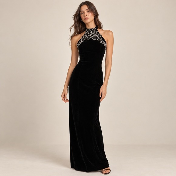 Zum Zum Dresses & Skirts - Zum Zum Velvet Maxi Dress Women 3-4 Black Beaded Halter Vintage Gown Whimsigoth